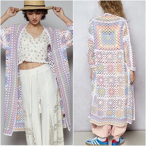 POL Multicolor Crochet Open Front Long Duster Cardigan